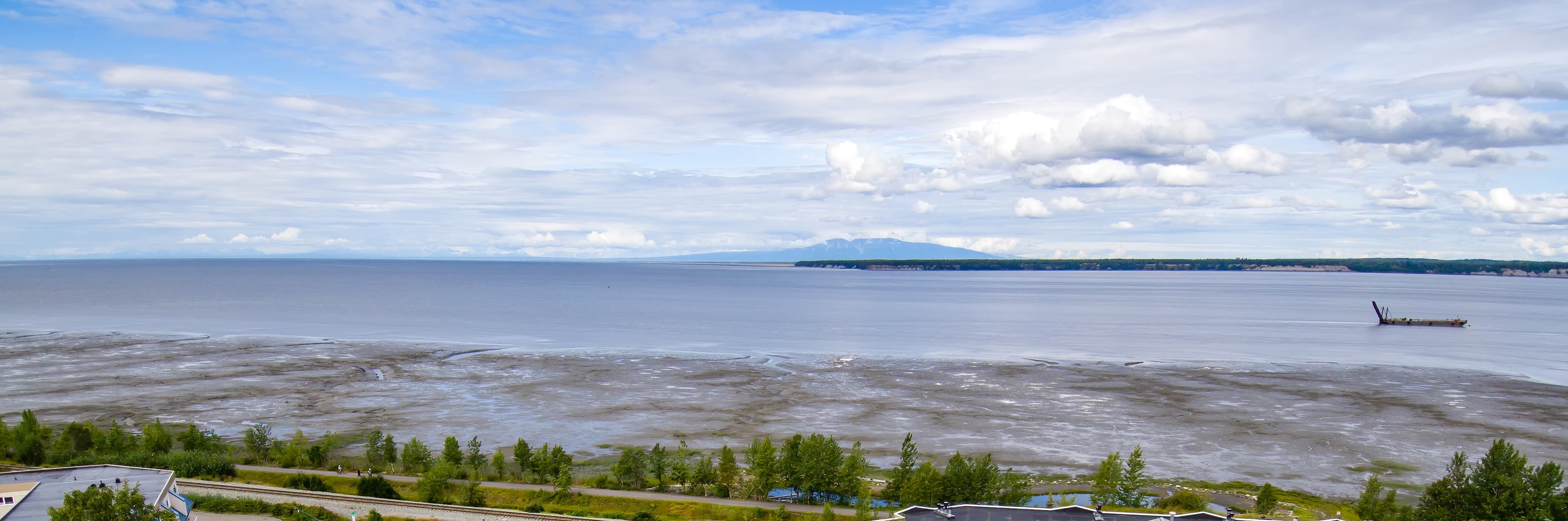 Panoramic view of Cook Inlet and the Sleeping Lady (Mt. Susitna) from Bootleggers Landing