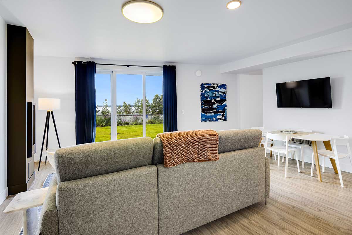 Living area at Waterfront Hideaway overlooking Cook Inlet